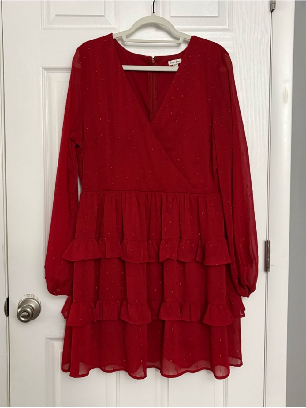 love, Fire Red Long Sleeve Ruffle Tiered Prom Dress